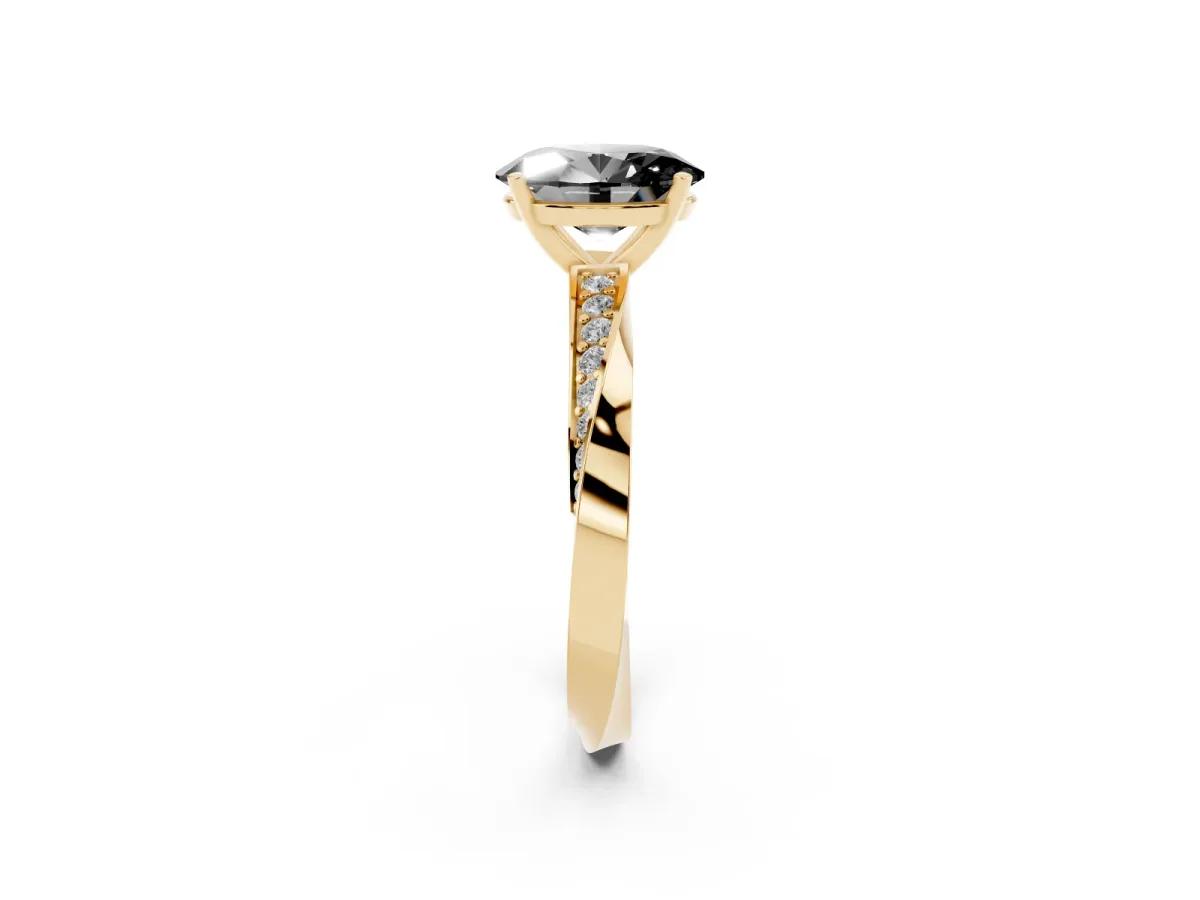 Fancy Black Oval Cut Diamond Engagement Ring with Side Stone Accents and Four-Prong Setting Yellow gold