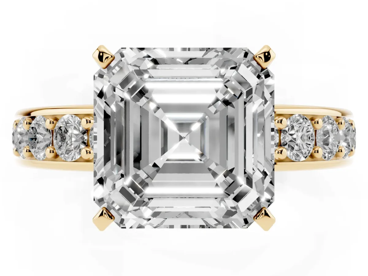 Asscher Cut Diamond Engagement Ring with Channel Set Round Band and Prong Setting Yellow gold