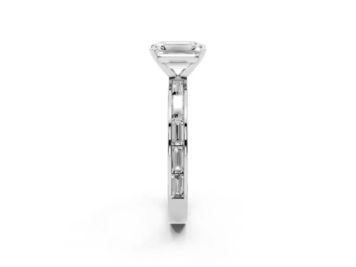 Emerald Cut Solitaire Diamond Ring with Channel-Set Baguette Band and Four-Prong Setting Silver