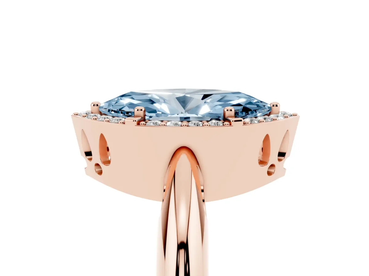 Fancy Blue Marquise Cut Cut Diamond Halo Engagement Ring with Split Shank and Four-Prong Setting Rose gold