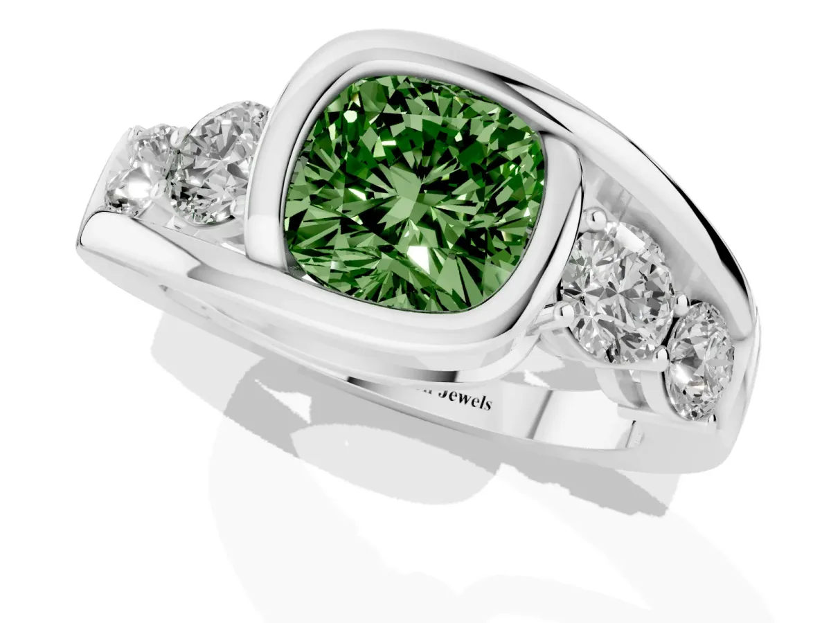 Fancy Green Bezel Set Cushion Cut Diamond Bypass Ring with Round Accents Platinum