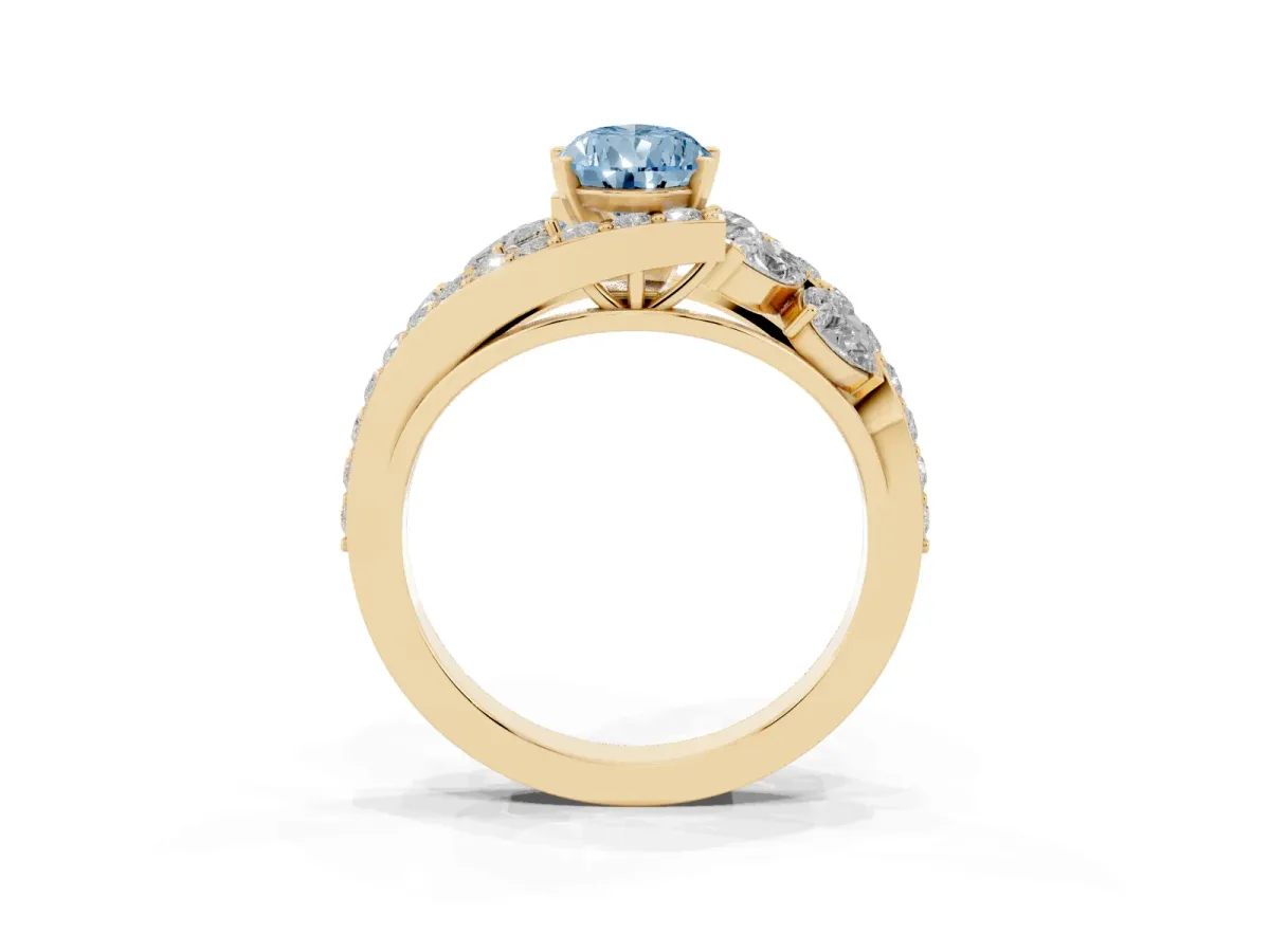 Fancy Blue Pear Cut Diamond Halo Ring with Marquise and Pavé Band in Prong Setting Yellow gold
