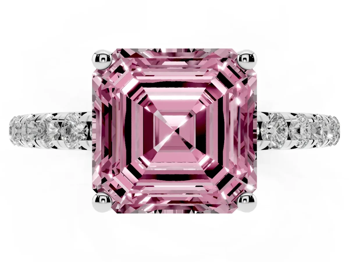 Fancy Pink Asscher Cut Cut Diamond Solitaire Ring with Micro Pave Band and Four Prong Setting Silver