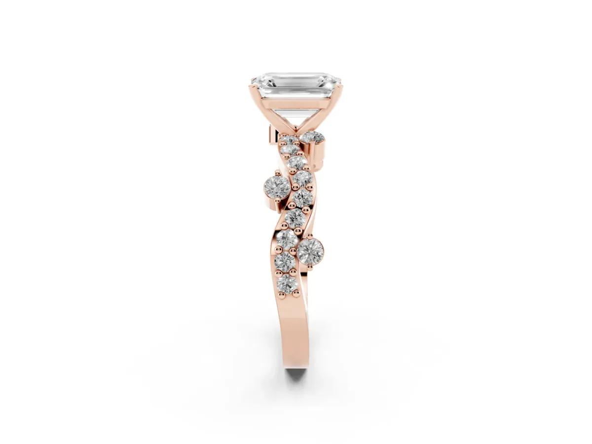 Emerald Cut Cut Solitaire Diamond Twisted Band with Pave Setting Rose gold