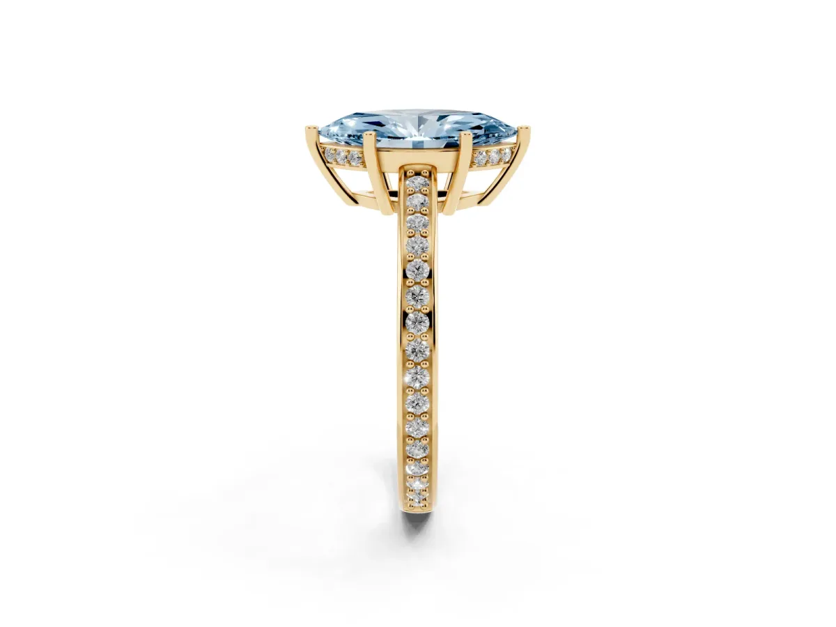 Fancy Blue Marquise Cut Solitaire Pavé Band Prong Setting Ring Yellow gold
