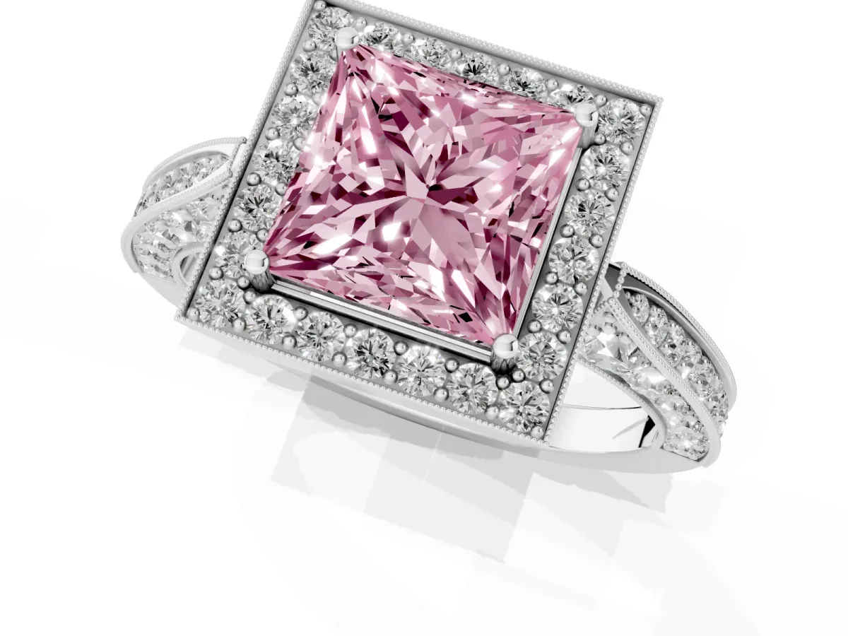 Fancy Pink Princess Cut Halo Diamond Engagement Ring with Split Shank Band and Four-Prong Setting Silver