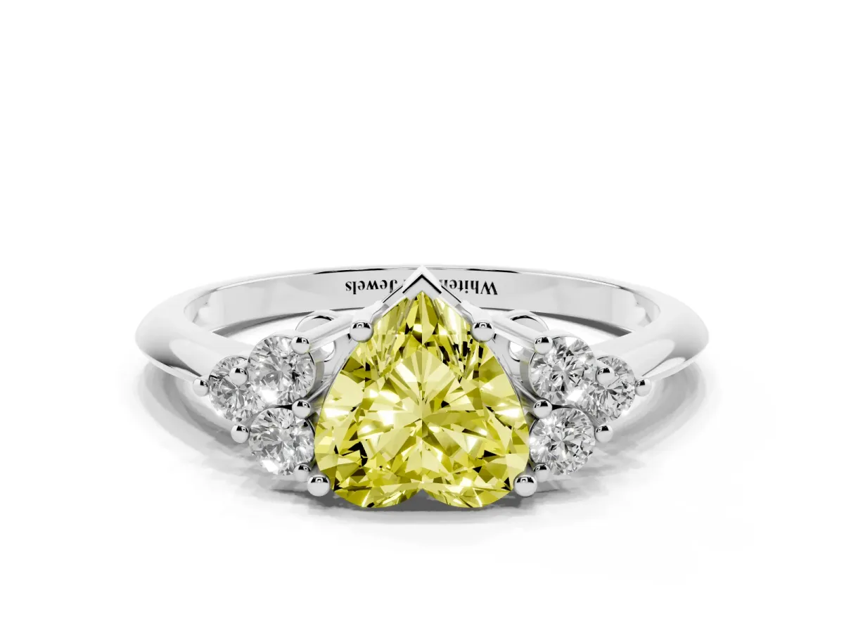 Fancy Yellow Heart Cut Cut Diamond Cluster Ring with Solitaire Band and Four-Prong Setting Platinum
