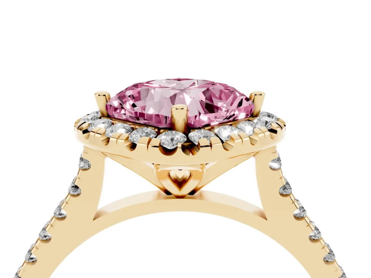 Fancy Pink Cushion Cut Diamond Cushion Halo Ring with Pavé Band Yellow gold