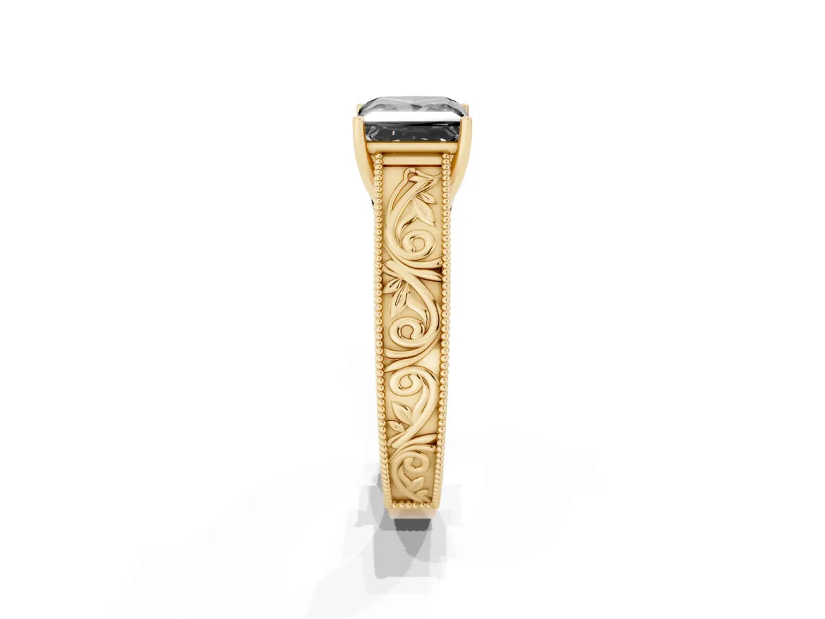 Fancy Black Princess Cut Diamond Solitaire Ring with Engraved Band and Four-Prong Setting Yellow gold