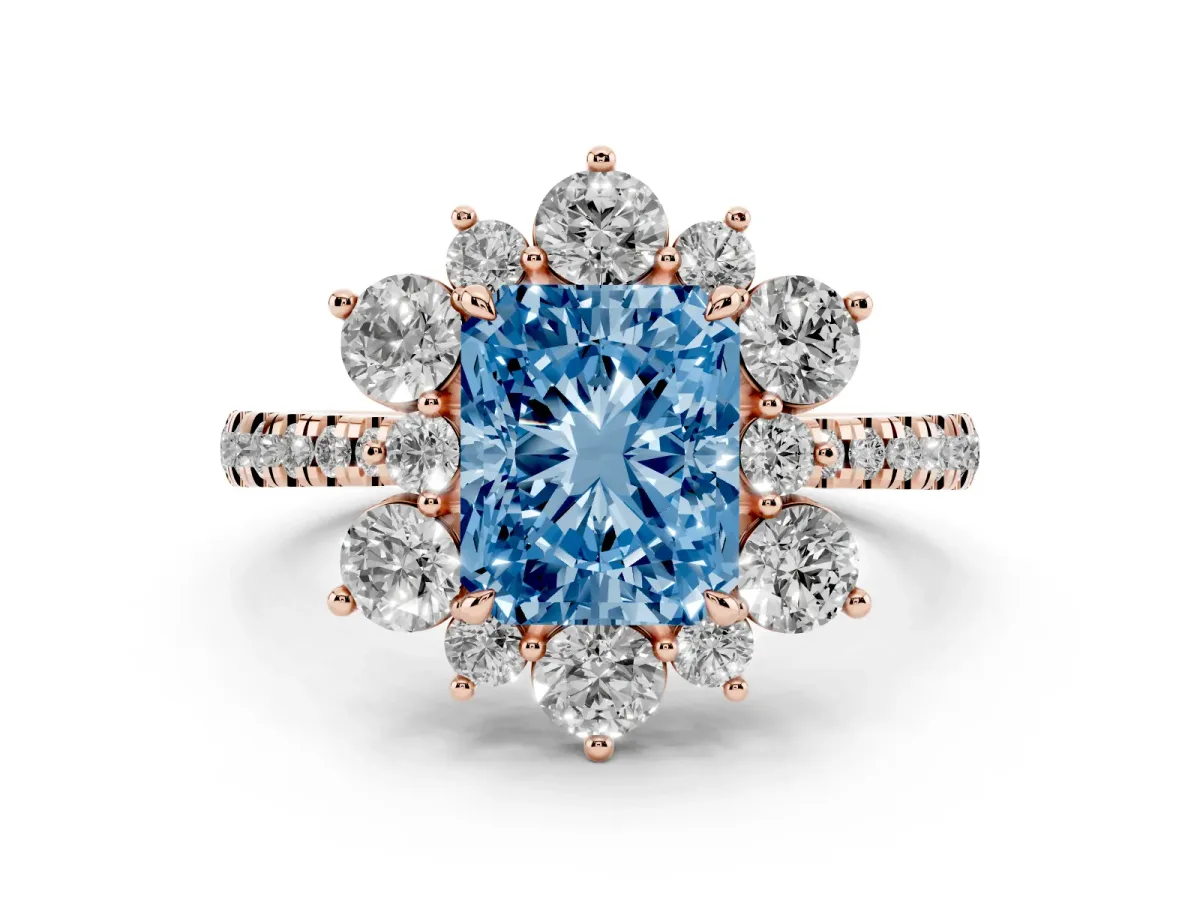 Fancy Blue Radiant Cut Diamond Floral Halo Ring with Round Pavé Band and Prong Setting Rose gold