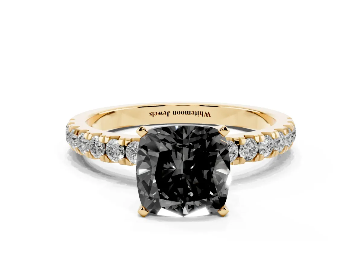 Fancy Black Cushion Cut Diamond Solitaire Ring with Pavé Accents and Four-Prong Setting Yellow gold