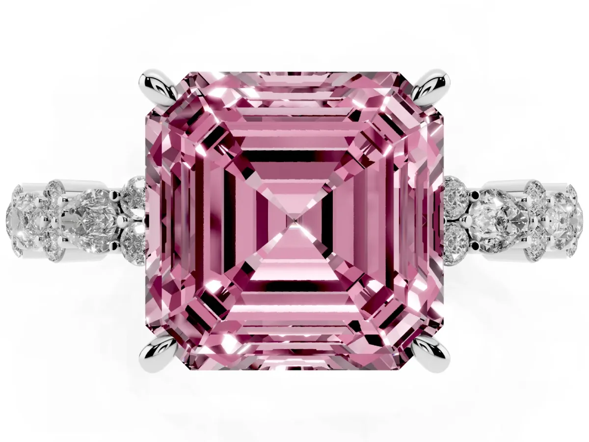 Fancy Pink Asscher Cut Diamond Side Stone Solitaire Ring with Round and Four-Prong Setting Platinum