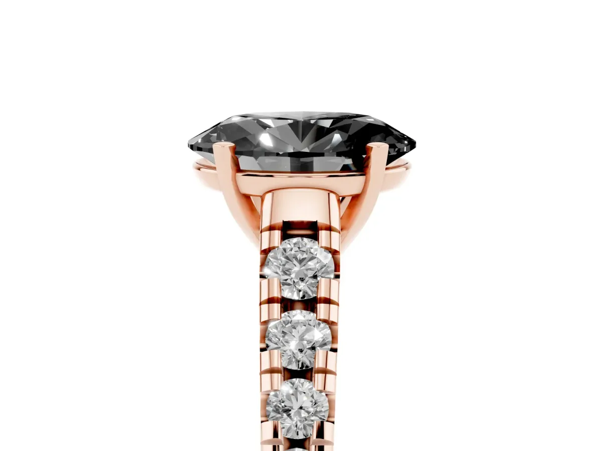 Fancy Black Oval Cut Diamond Cathedral Solitaire Ring with Round Pavé Band Rose gold