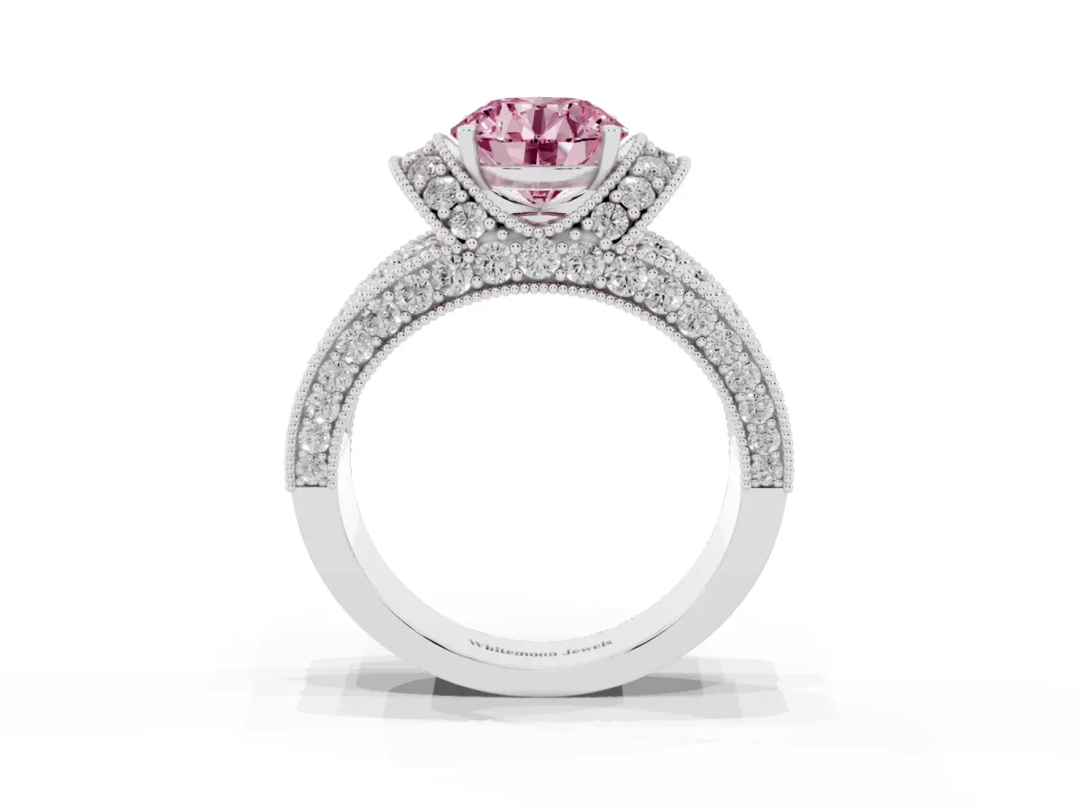 Fancy Pink Round Cut Halo Pave Diamond Engagement Ring with Milgrain Detailing Silver