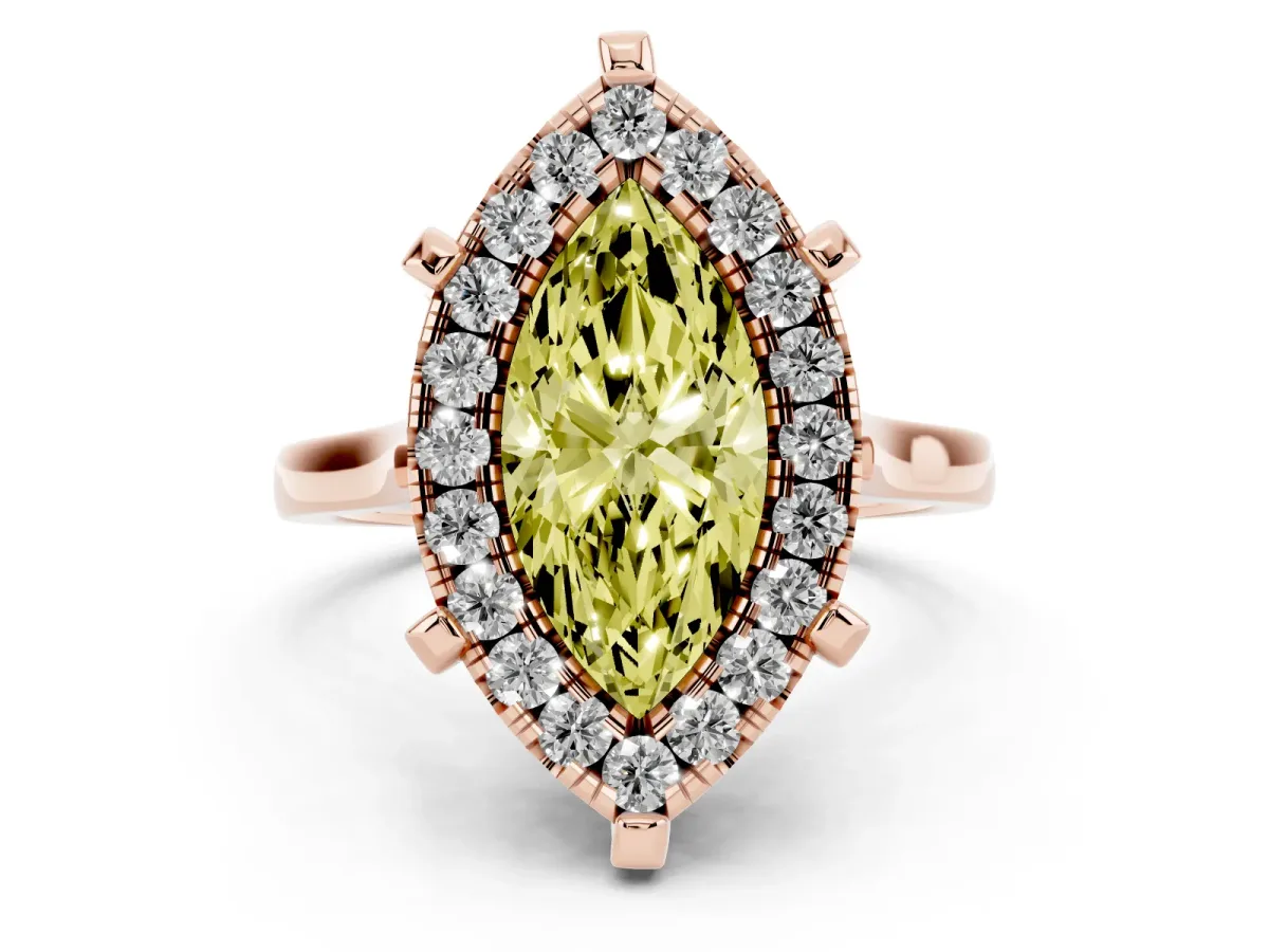 Fancy Yellow Marquise Cut Diamond Cluster Halo Solitaire with Four-Prong Setting Rose gold