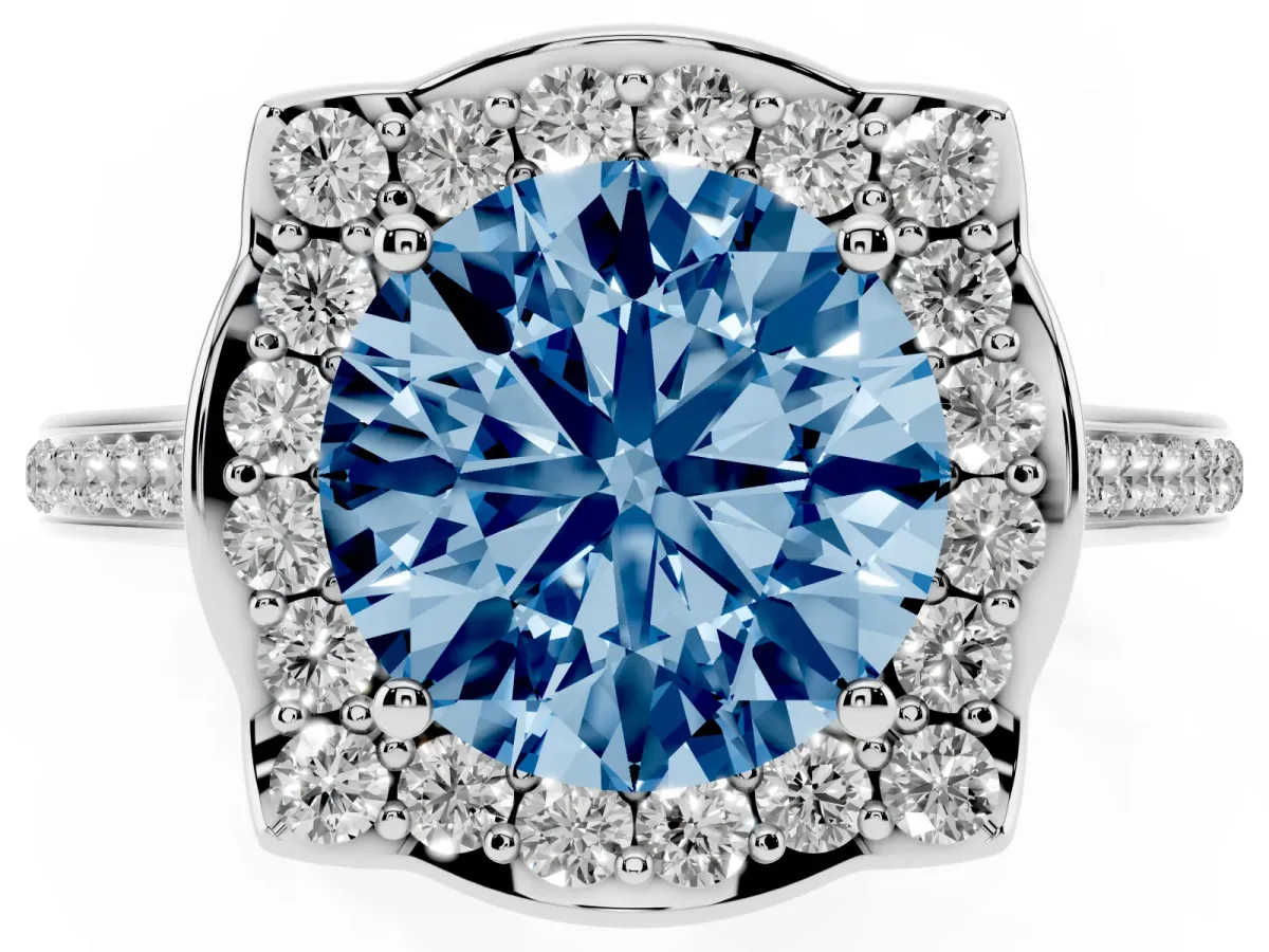 Fancy Blue Round Cut Halo Round Diamond Pave Band with Four-Prong Setting Silver