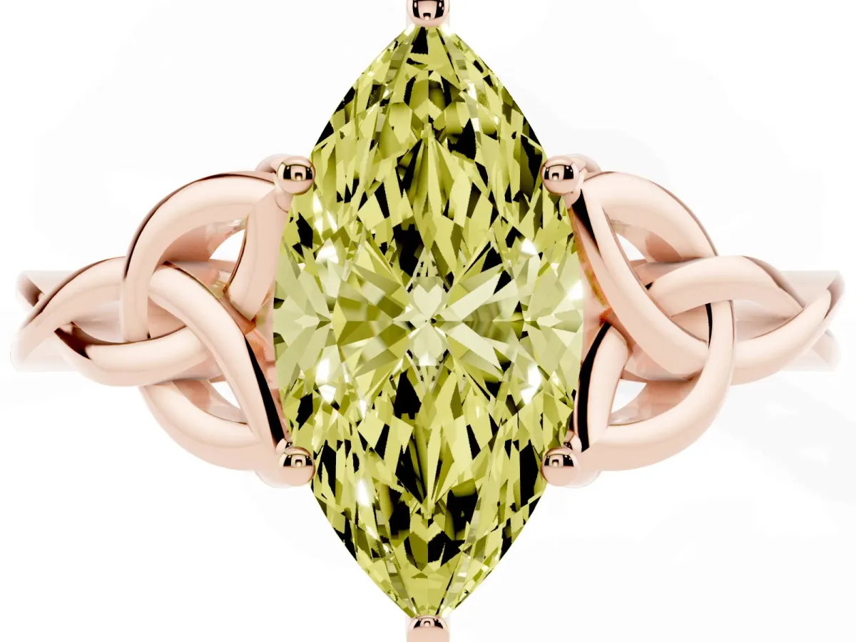 Fancy Yellow Marquise Cut Diamond Solitaire Engagement Ring with Celtic Knot Band and Four-Prong Setting Rose gold