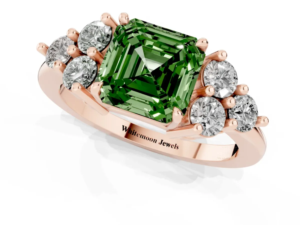 Fancy Green Asscher Cut Brilliant Diamond Cluster Accent Solitaire Ring with Prong Setting Rose gold