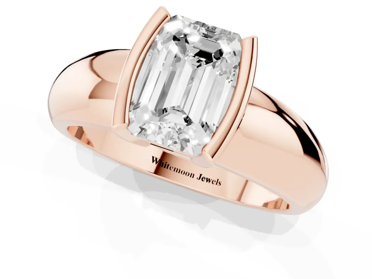 Emerald Cut Solitaire Tension Set Diamond Ring with Wide Band Rose gold