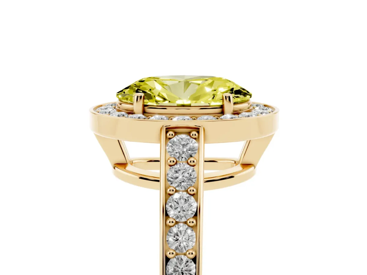 Fancy Yellow Oval Cut Halo Pavé Diamond Engagement Ring with Bezel Setting Yellow gold