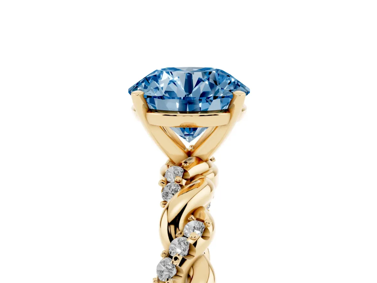 Fancy Blue Round Cut Diamond Solitaire Ring with Twisted Band and Pavé Accents Yellow gold