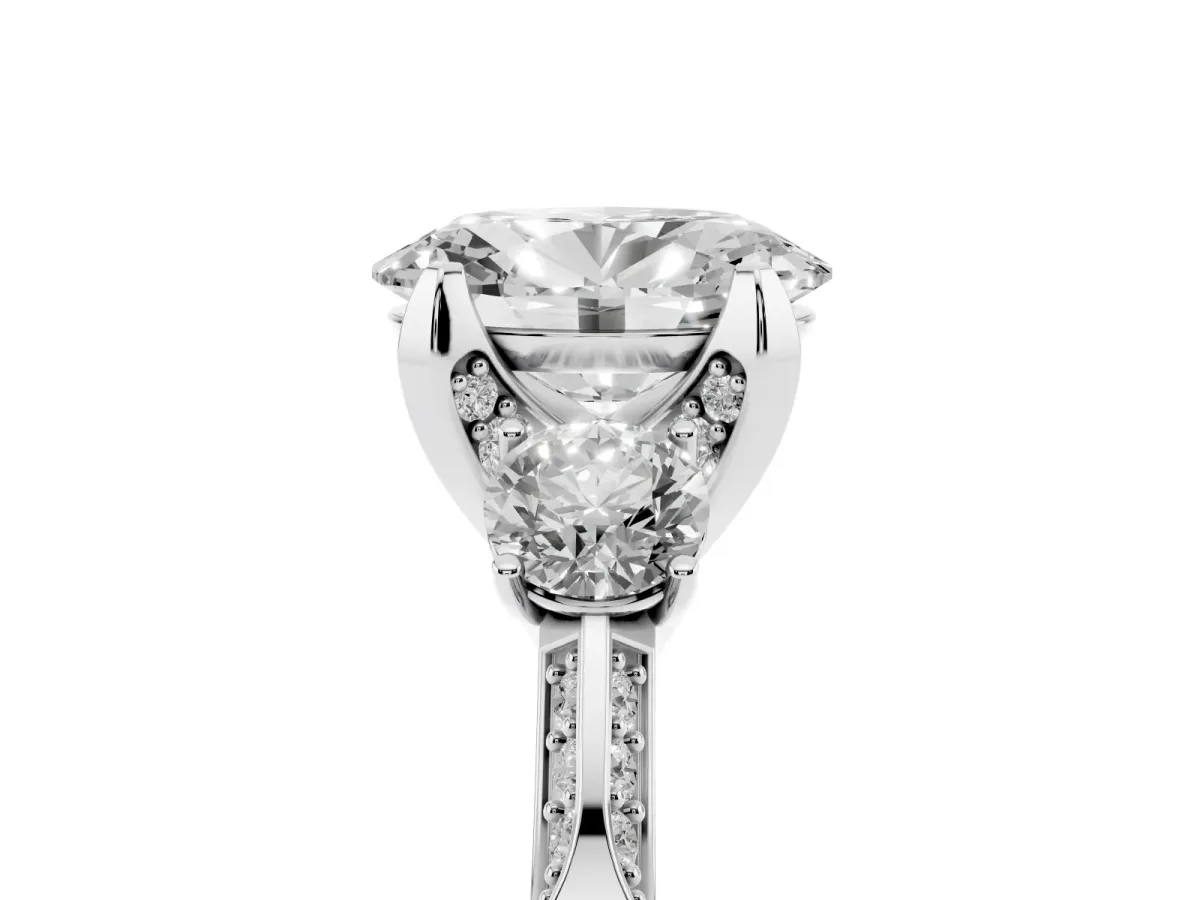 Oval Cut Brilliant Three-Stone Diamond Ring with Pavé Band and Four-Prong Setting Silver