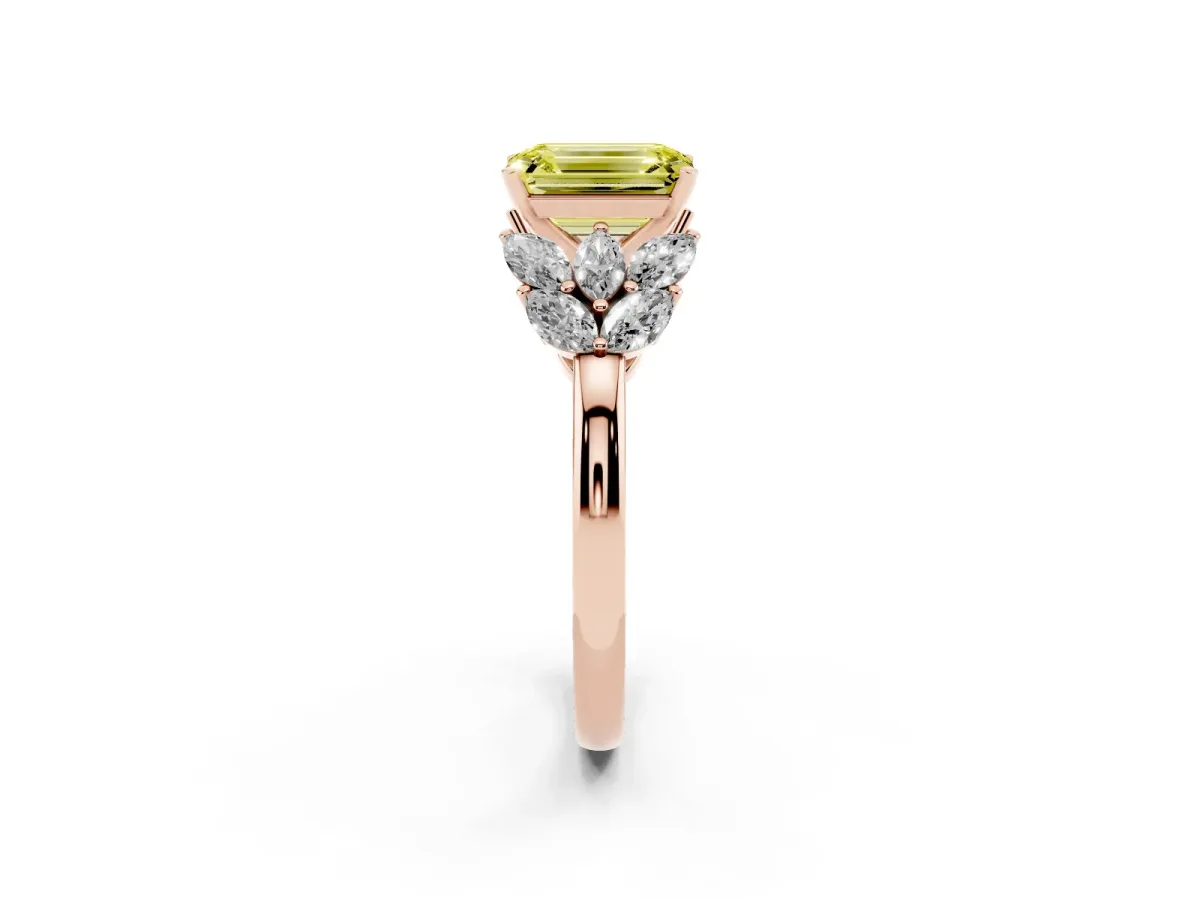 Fancy Yellow Emerald Cut Diamond Cluster Leaf Design Ring with Prong Setting Rose gold