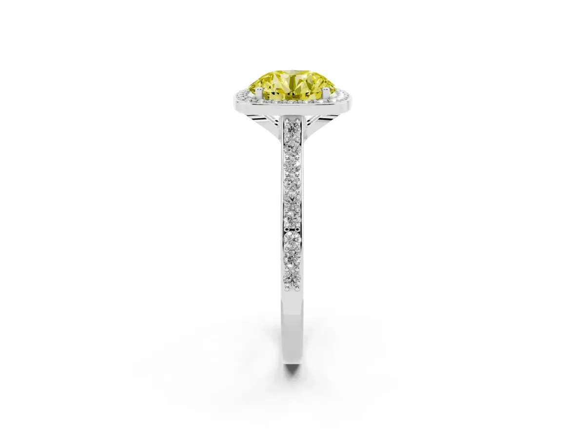 Fancy Yellow Round Cut Diamond Halo Engagement Ring with Round Pavé Shoulders and Prong Setting Platinum