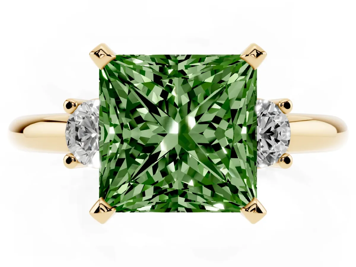 Fancy Green Three-Stone Princess Cut Cut Diamond Solitaire with Prong Setting and Classic Band Yellow gold