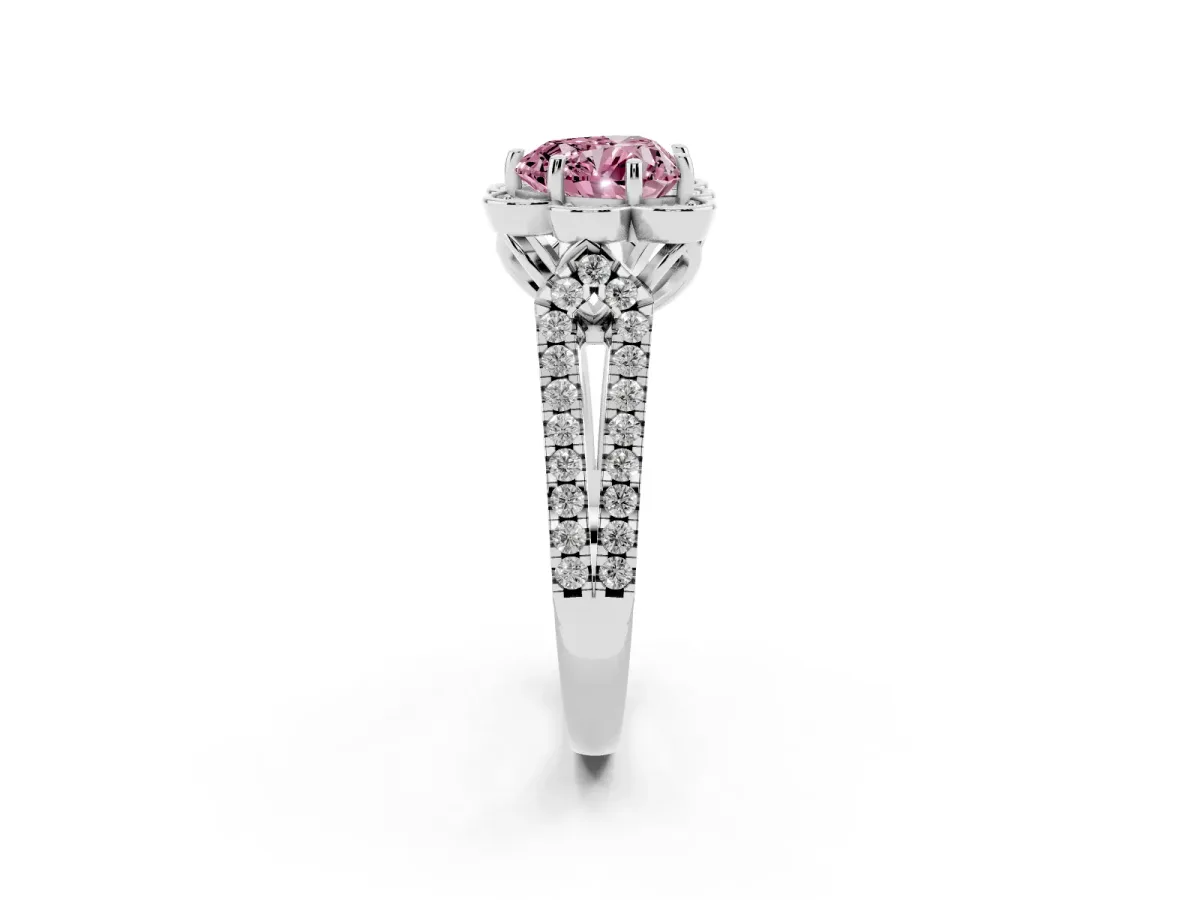 Fancy Pink Heart Cut Halo Diamond Floral Split Shank Engagement Ring Silver