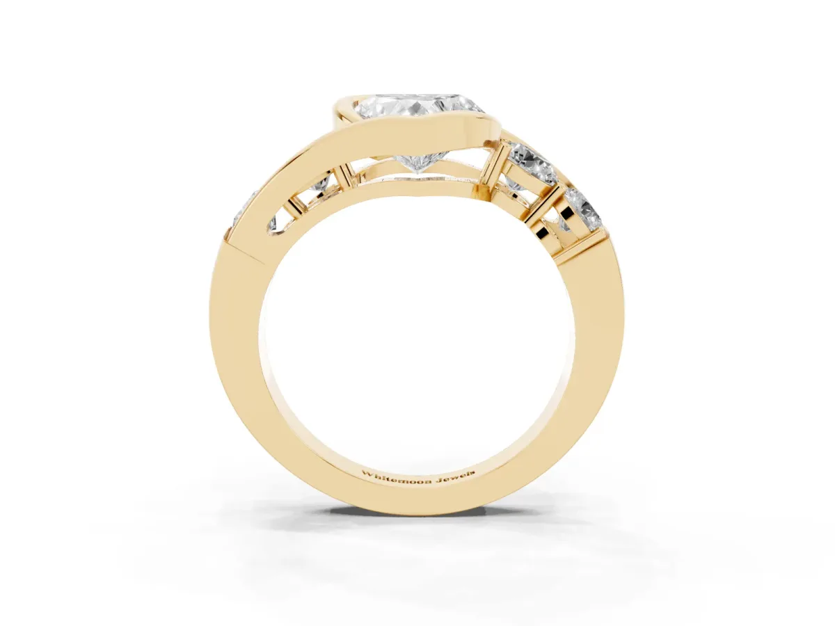Bezel Set Heart Cut Diamond Bypass Ring with Round Accents Yellow gold