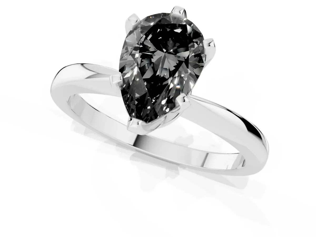 Fancy Black Pear Cut Solitaire Engagement Ring with Six-Prong Setting and Tapered Band Platinum