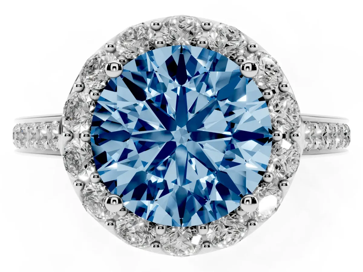 Fancy Blue Round Cut Diamond Floral Halo Ring with Pavé Band and Prong Setting Silver