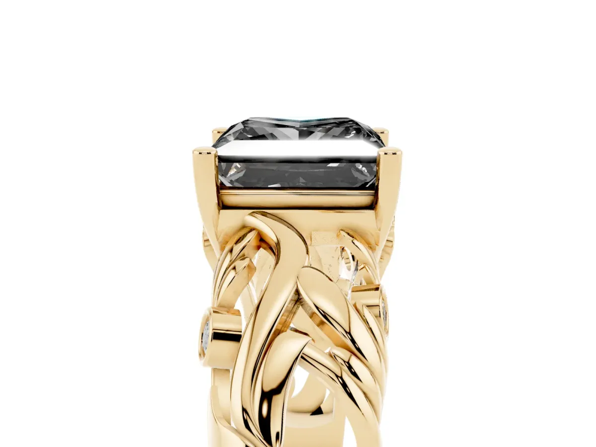 Fancy Black Princess Cut Solitaire Diamond Leaf-Inspired Vine Band Ring with Prong Setting Yellow gold