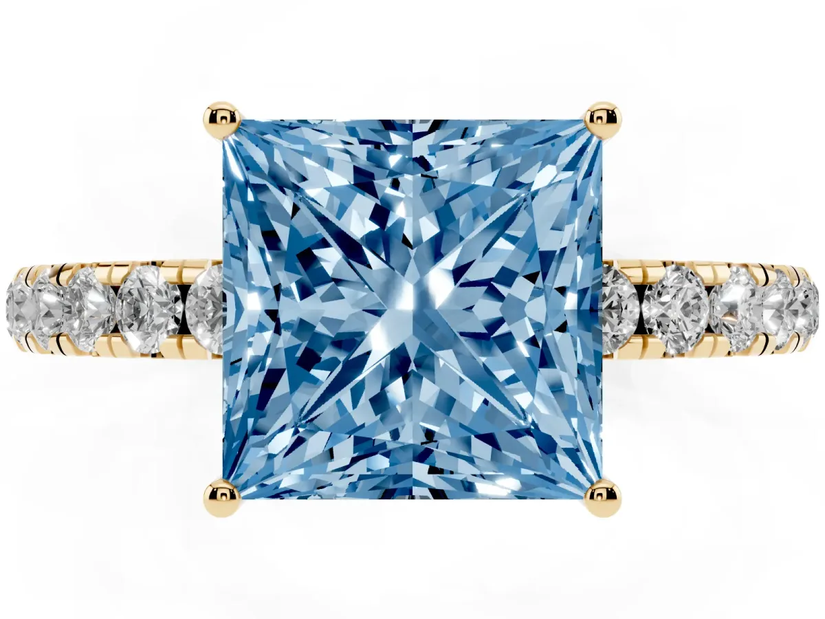 Fancy Blue Princess Cut Diamond Pavé Solitaire Engagement Ring with Four-Prong Setting Yellow gold