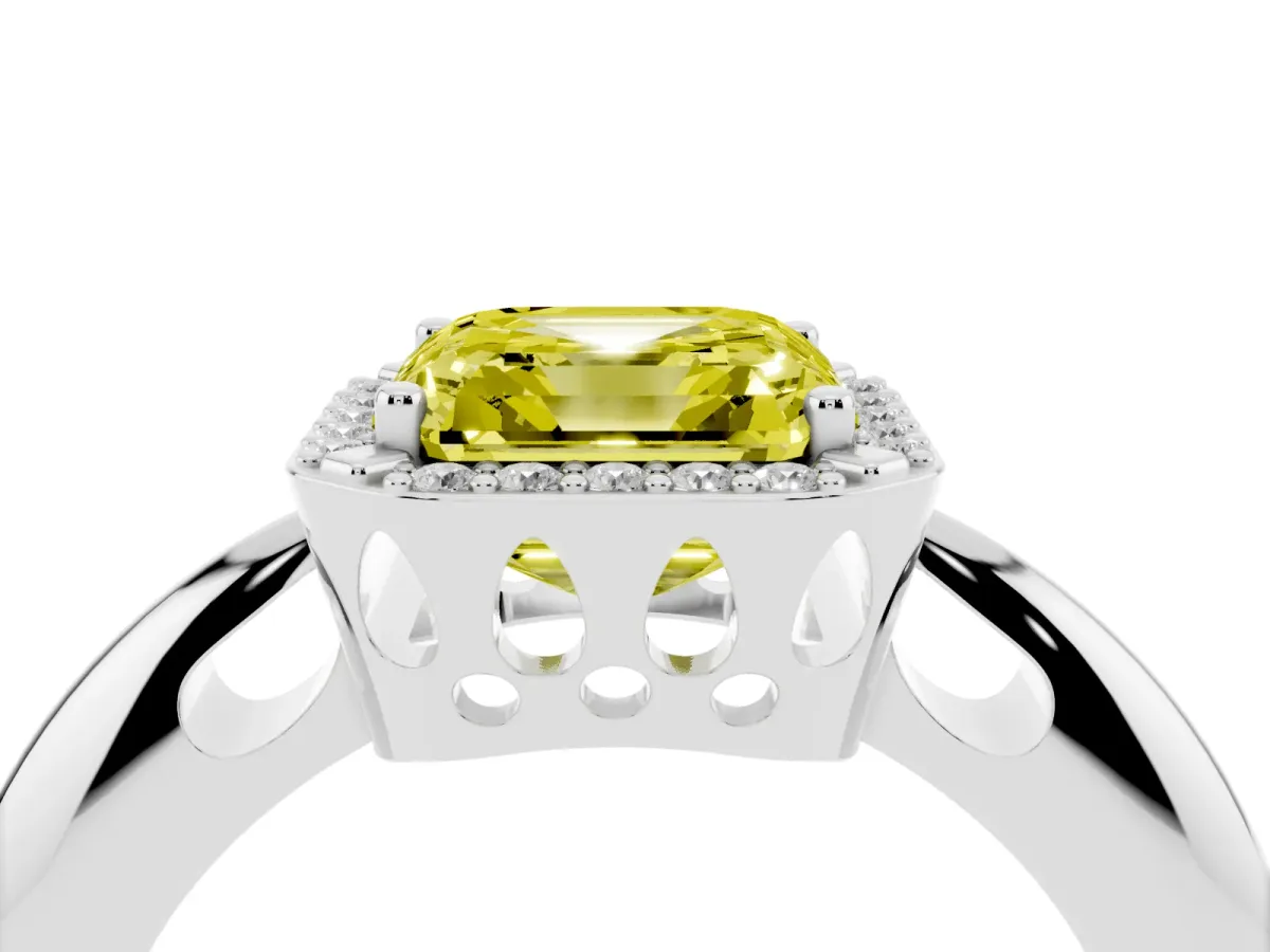 Fancy Yellow Asscher Cut Cut Diamond Halo Engagement Ring with Split Shank and Four-Prong Setting Silver