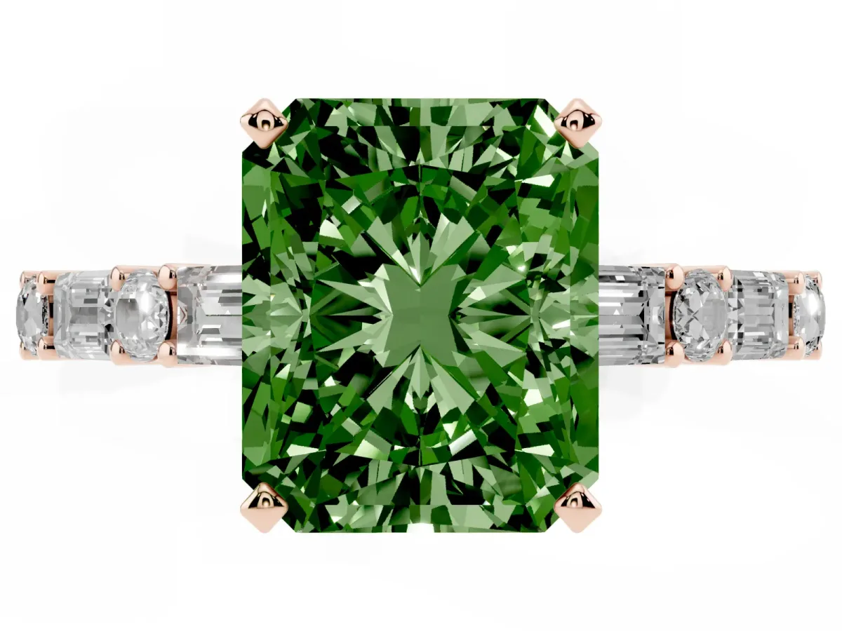 Fancy Green Radiant Cut Diamond Solitaire with Side Baguettes and Channel Set Band Rose gold