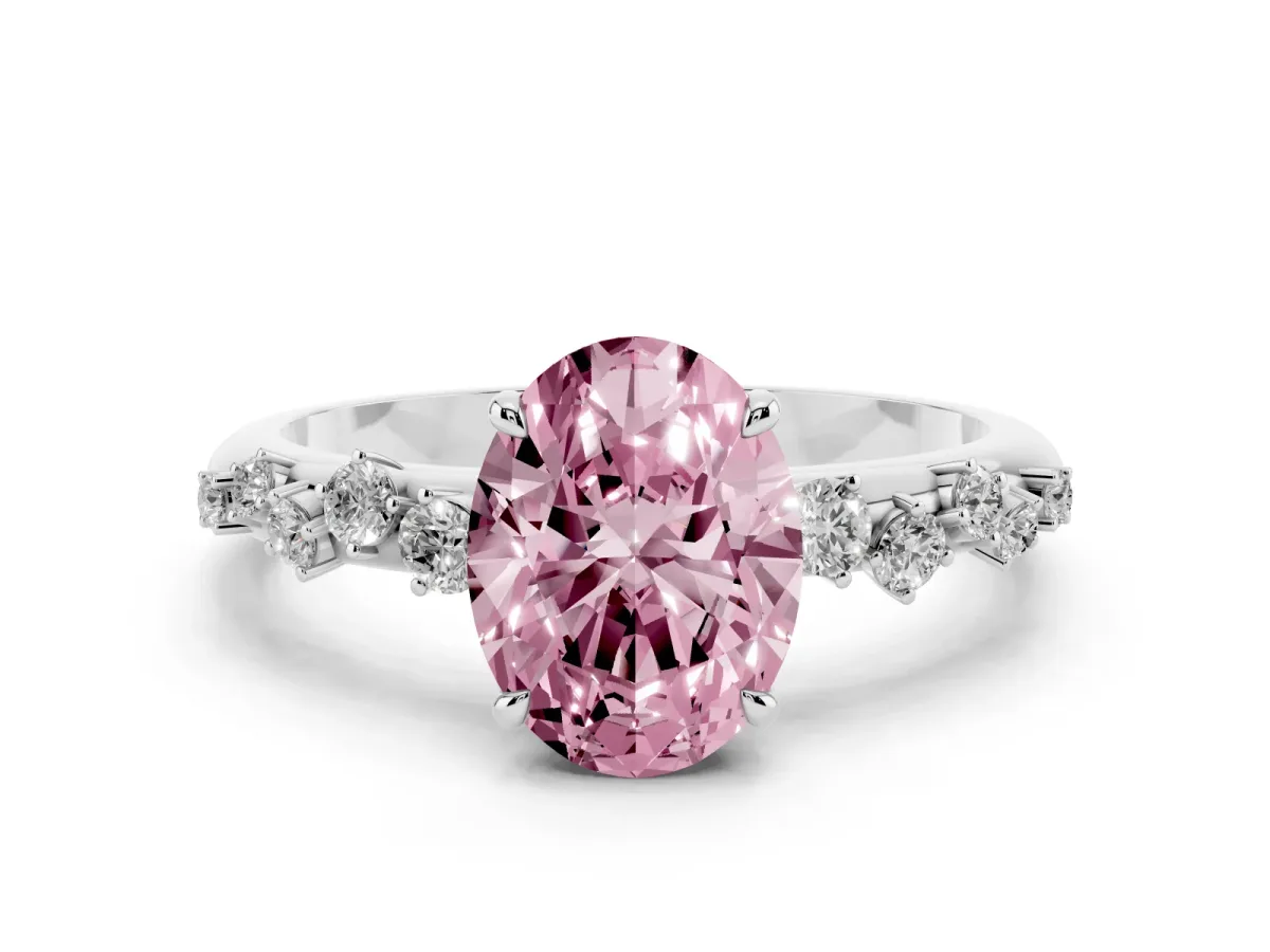 Fancy Pink Oval Cut Diamond Cluster Prong-Set Solitaire Ring Platinum