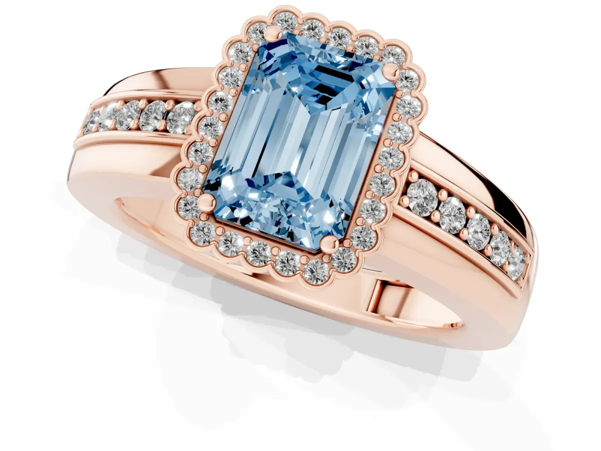 Fancy Blue Emerald Cut Cut Halo Pave Band Four-Prong Ring Rose gold