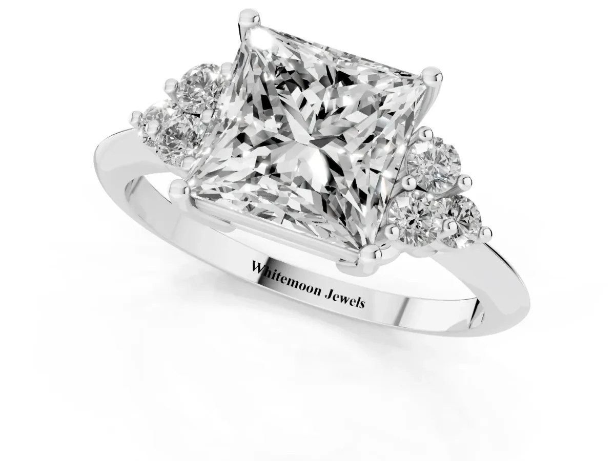 Princess Cut Cut Diamond Cluster Ring with Solitaire Band and Four-Prong Setting Silver