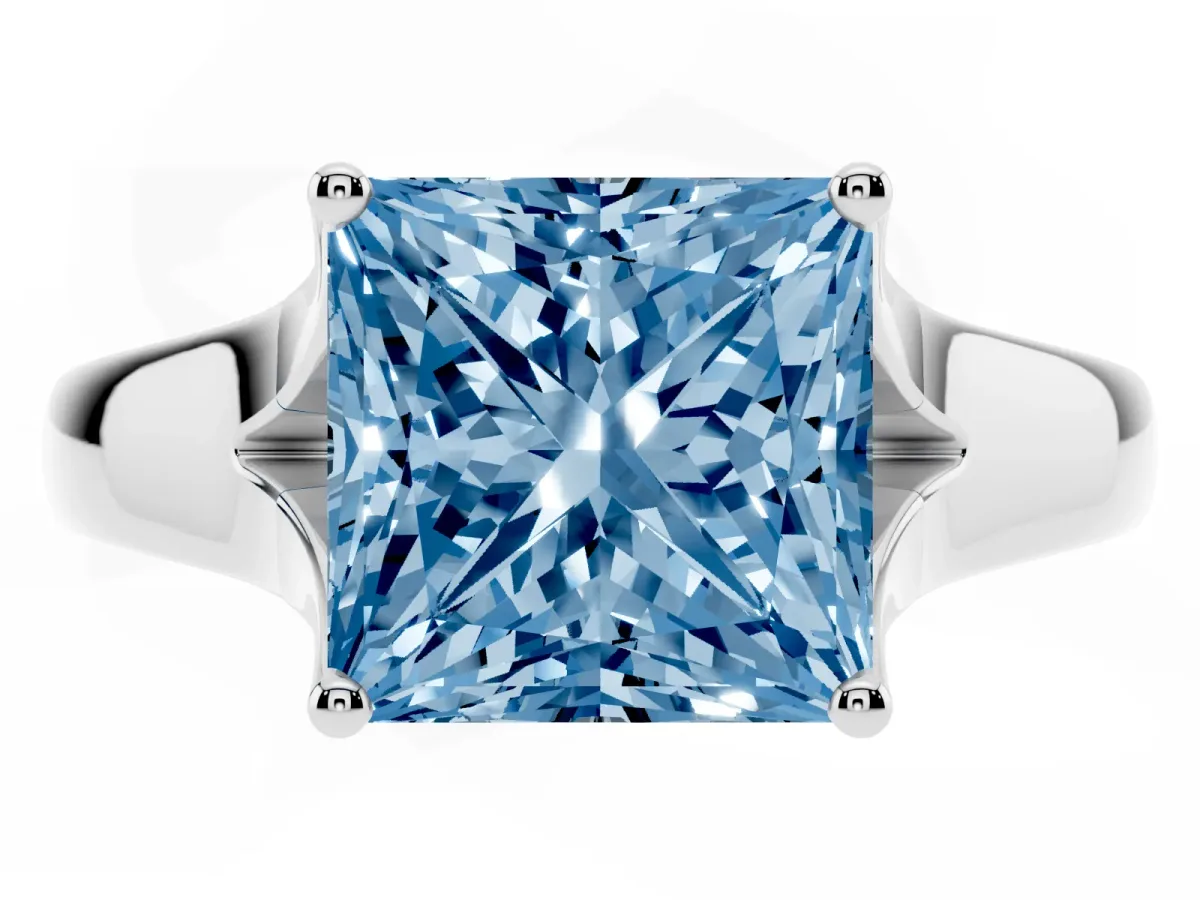 Fancy Blue Princess Cut Solitaire Diamond Ring with Cathedral Band and Four-Prong Setting Silver