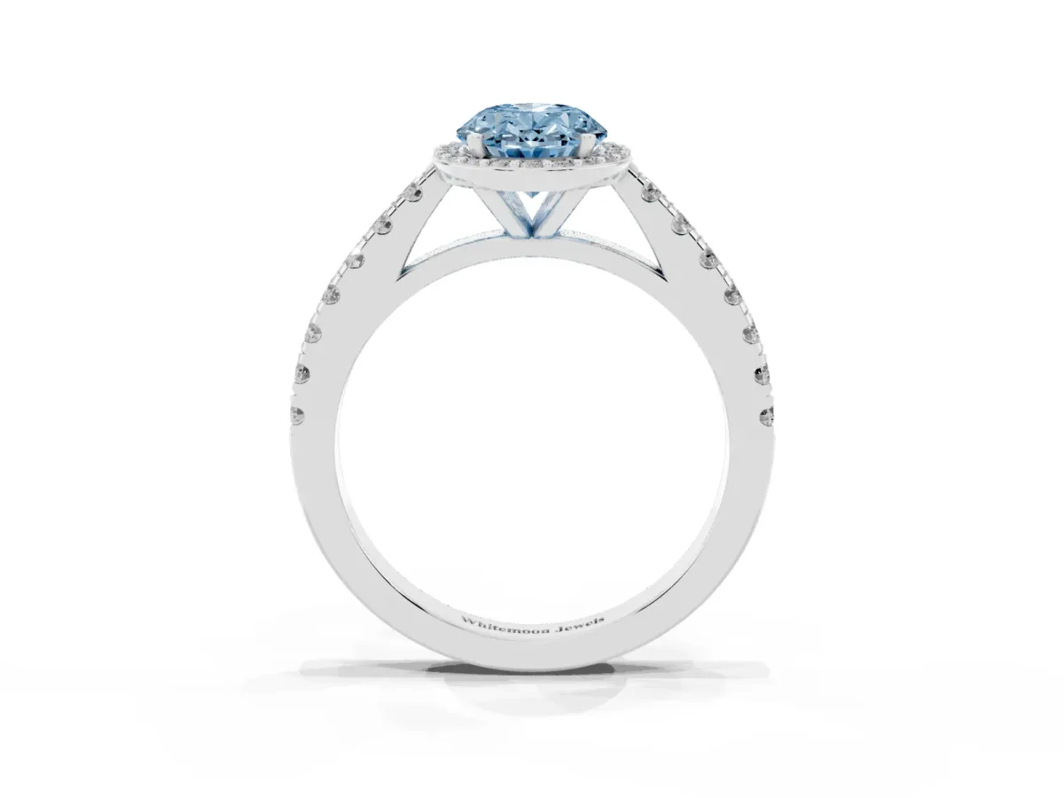 Fancy Blue Oval Cut Cut Halo Diamond Engagement Ring with Pave Band and Four-Prong Setting Silver