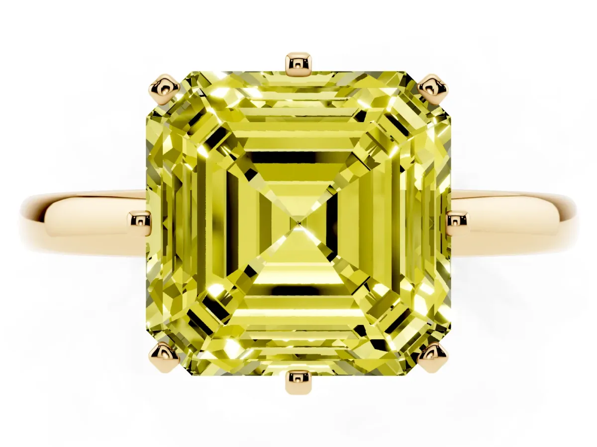 Fancy Yellow Asscher Cut Solitaire Diamond Ring with Six-Prong Setting on a Classic Band Yellow gold