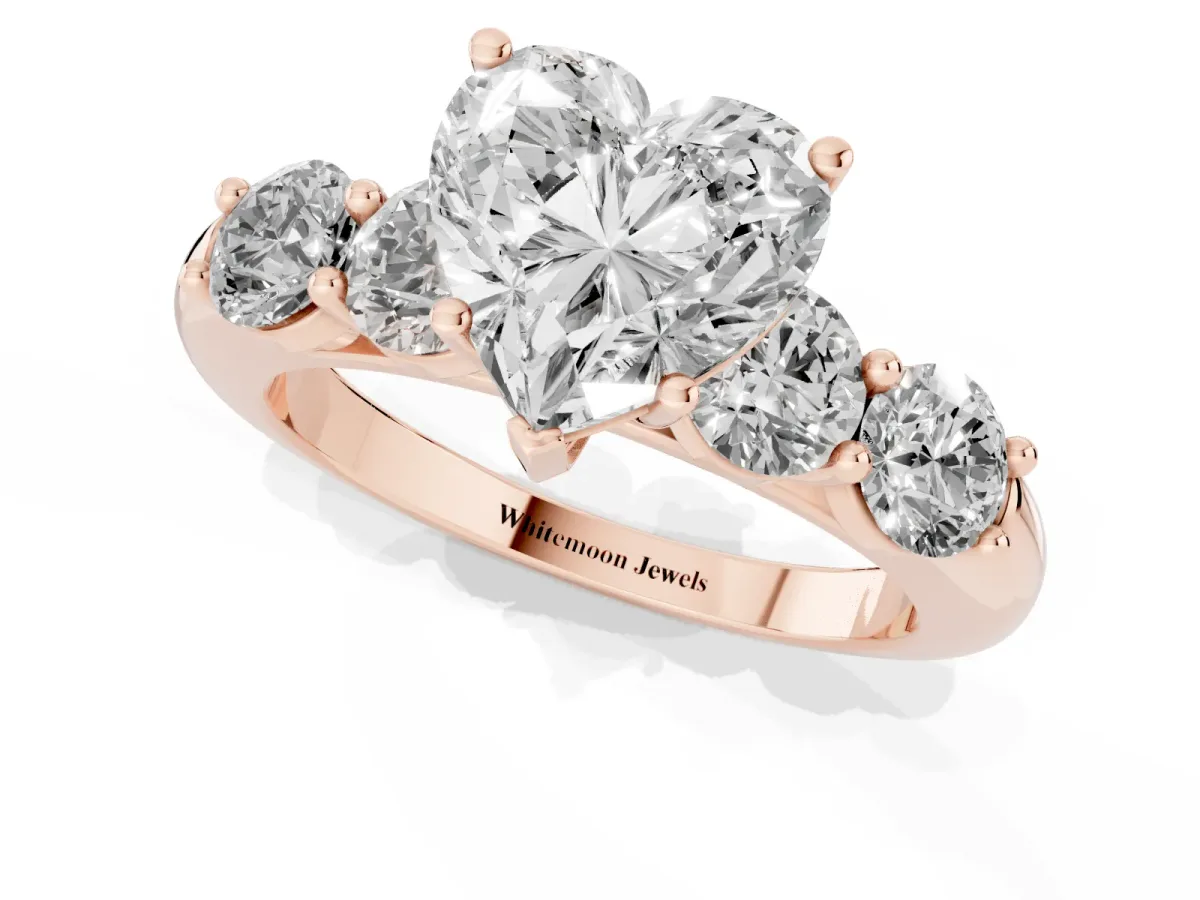 Heart Cut Cut Five-Stone Prong Set Diamond Ring with Classic Band Rose gold