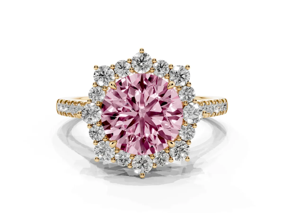 Fancy Pink Round Cut Halo Diamond Ring with Pavé Band and Prong Setting Yellow gold