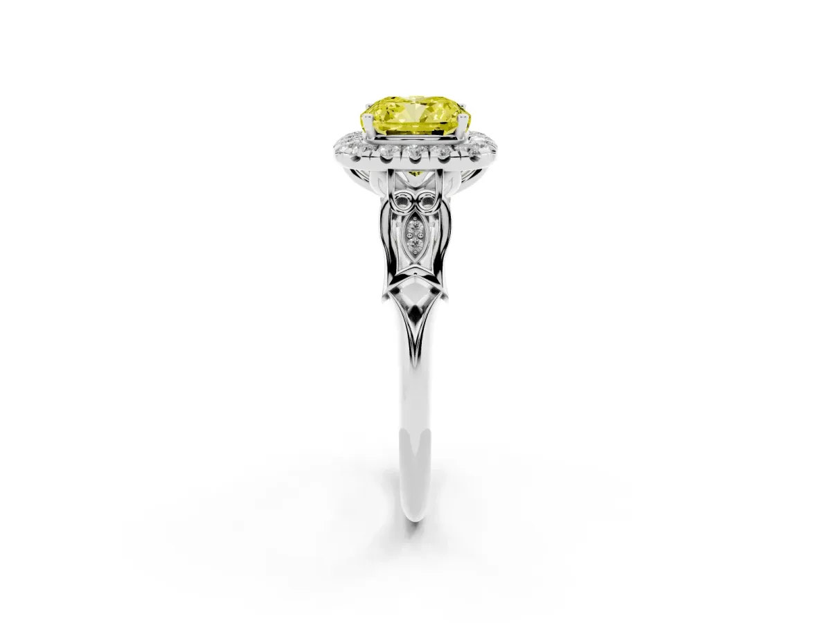 Fancy Yellow Cushion Cut Halo Diamond Engagement Ring with Filigree Band and Four-Prong Setting White gold