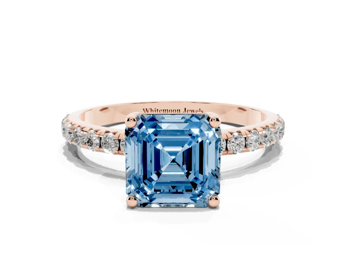 Fancy Blue Asscher Cut Cut Diamond Solitaire Ring with Micro Pave Band and Four Prong Setting Rose gold
