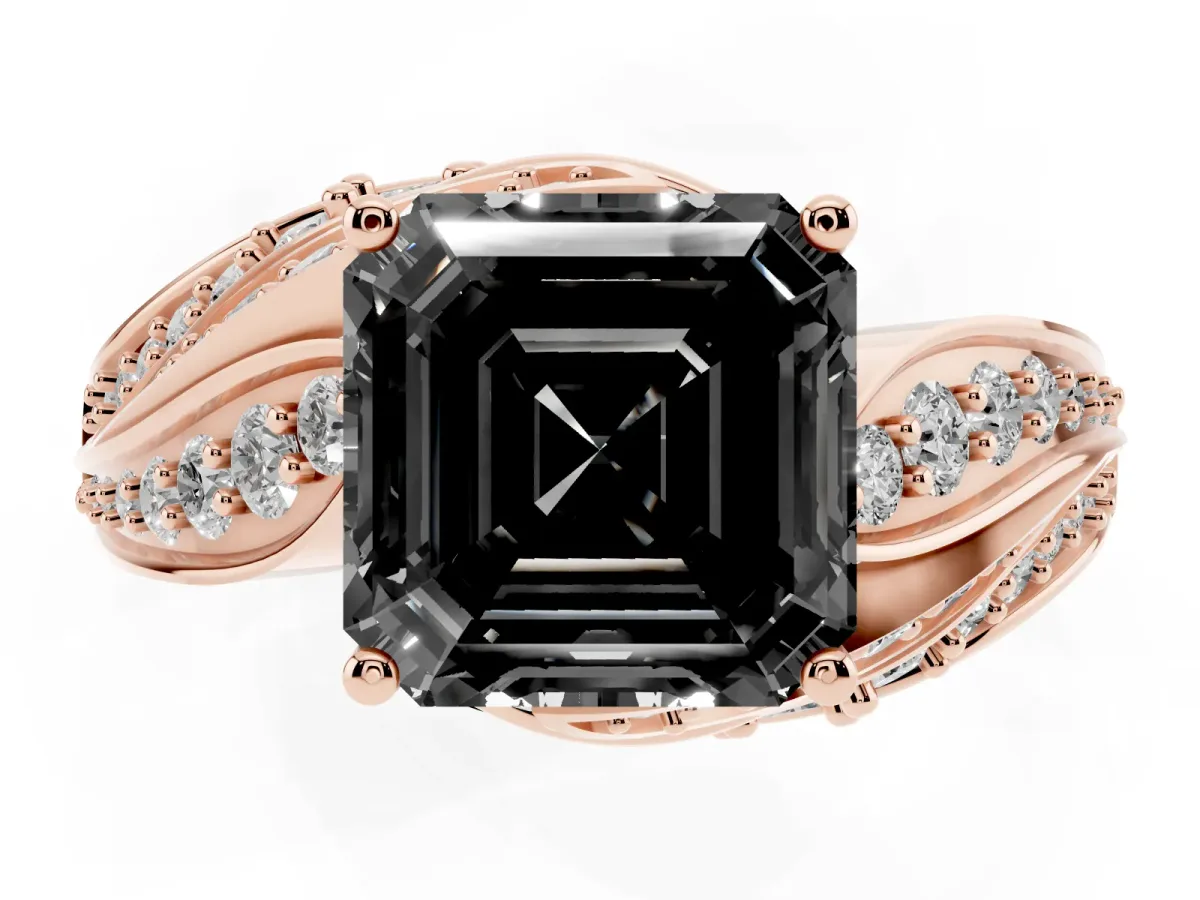 Fancy Black Asscher Cut Diamond Solitaire Ring with Prong Setting and Twisted Pavé Band Rose gold