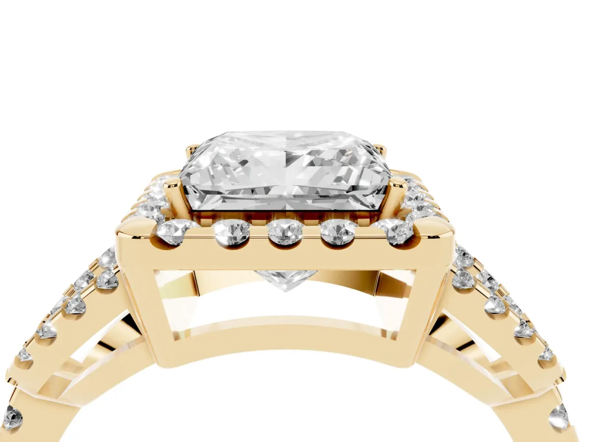 Princess Cut Cut Diamond Halo Engagement Ring with Open Split Pavé Band Yellow gold
