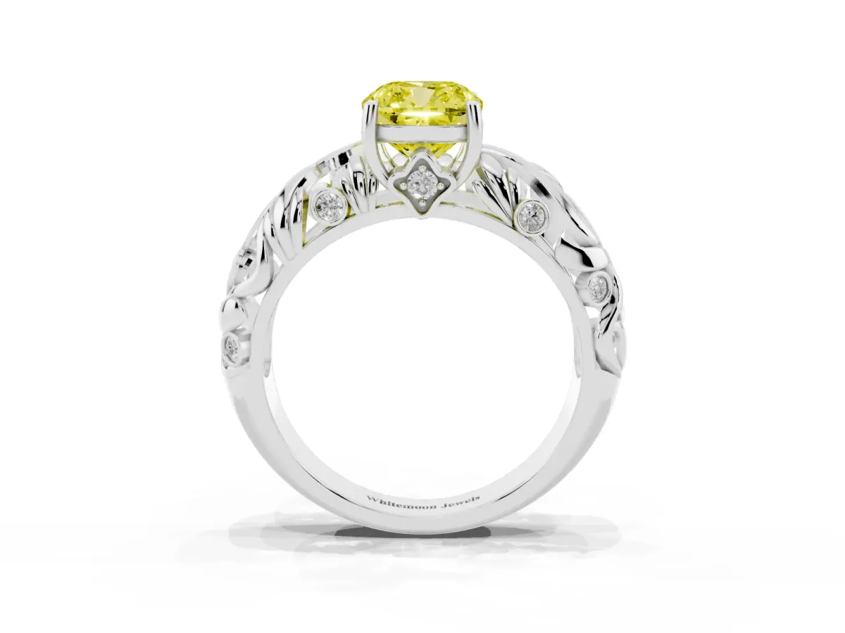 Fancy Yellow Cushion Cut Solitaire Diamond Leaf-Inspired Vine Band Ring with Prong Setting Platinum